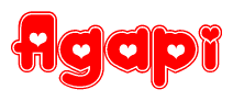 The image is a red and white graphic with the word Agapi written in a decorative script. Each letter in  is contained within its own outlined bubble-like shape. Inside each letter, there is a white heart symbol.