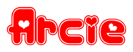 The image displays the word Arcie written in a stylized red font with hearts inside the letters.