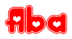 The image is a clipart featuring the word Aba written in a stylized font with a heart shape replacing inserted into the center of each letter. The color scheme of the text and hearts is red with a light outline.