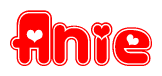 The image is a clipart featuring the word Anie written in a stylized font with a heart shape replacing inserted into the center of each letter. The color scheme of the text and hearts is red with a light outline.