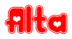 The image is a clipart featuring the word Alta written in a stylized font with a heart shape replacing inserted into the center of each letter. The color scheme of the text and hearts is red with a light outline.
