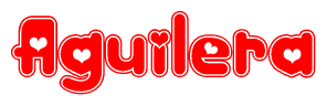 The image is a red and white graphic with the word Aguilera written in a decorative script. Each letter in  is contained within its own outlined bubble-like shape. Inside each letter, there is a white heart symbol.