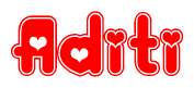 The image is a clipart featuring the word Aditi written in a stylized font with a heart shape replacing inserted into the center of each letter. The color scheme of the text and hearts is red with a light outline.