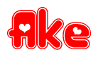 The image is a clipart featuring the word Ake written in a stylized font with a heart shape replacing inserted into the center of each letter. The color scheme of the text and hearts is red with a light outline.
