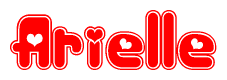 The image is a red and white graphic with the word Arielle written in a decorative script. Each letter in  is contained within its own outlined bubble-like shape. Inside each letter, there is a white heart symbol.