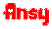 The image is a red and white graphic with the word Ansy written in a decorative script. Each letter in  is contained within its own outlined bubble-like shape. Inside each letter, there is a white heart symbol.