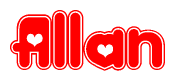 The image displays the word Allan written in a stylized red font with hearts inside the letters.