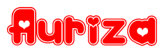 The image displays the word Auriza written in a stylized red font with hearts inside the letters.