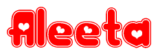 The image is a clipart featuring the word Aleeta written in a stylized font with a heart shape replacing inserted into the center of each letter. The color scheme of the text and hearts is red with a light outline.