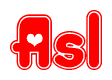 The image is a clipart featuring the word Asl written in a stylized font with a heart shape replacing inserted into the center of each letter. The color scheme of the text and hearts is red with a light outline.