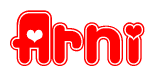 The image displays the word Arni written in a stylized red font with hearts inside the letters.