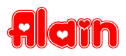 The image is a clipart featuring the word Alain written in a stylized font with a heart shape replacing inserted into the center of each letter. The color scheme of the text and hearts is red with a light outline.