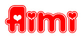 The image is a red and white graphic with the word Aimi written in a decorative script. Each letter in  is contained within its own outlined bubble-like shape. Inside each letter, there is a white heart symbol.