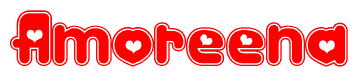 The image displays the word Amoreena written in a stylized red font with hearts inside the letters.