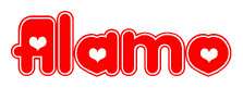 The image is a clipart featuring the word Alamo written in a stylized font with a heart shape replacing inserted into the center of each letter. The color scheme of the text and hearts is red with a light outline.