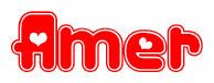 The image is a clipart featuring the word Amer written in a stylized font with a heart shape replacing inserted into the center of each letter. The color scheme of the text and hearts is red with a light outline.