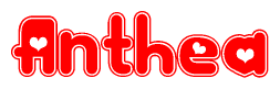 The image is a clipart featuring the word Anthea written in a stylized font with a heart shape replacing inserted into the center of each letter. The color scheme of the text and hearts is red with a light outline.