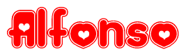 The image is a clipart featuring the word Alfonso written in a stylized font with a heart shape replacing inserted into the center of each letter. The color scheme of the text and hearts is red with a light outline.