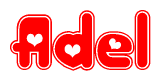 The image displays the word Adel written in a stylized red font with hearts inside the letters.