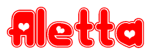The image is a clipart featuring the word Aletta written in a stylized font with a heart shape replacing inserted into the center of each letter. The color scheme of the text and hearts is red with a light outline.