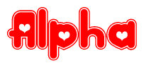 The image displays the word Alpha written in a stylized red font with hearts inside the letters.