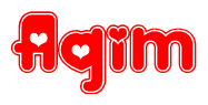 The image is a red and white graphic with the word Aqim written in a decorative script. Each letter in  is contained within its own outlined bubble-like shape. Inside each letter, there is a white heart symbol.