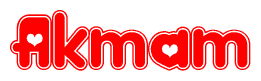 The image is a red and white graphic with the word Akmam written in a decorative script. Each letter in  is contained within its own outlined bubble-like shape. Inside each letter, there is a white heart symbol.