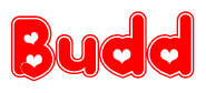 The image displays the word Budd written in a stylized red font with hearts inside the letters.