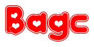 The image is a red and white graphic with the word Bagc written in a decorative script. Each letter in  is contained within its own outlined bubble-like shape. Inside each letter, there is a white heart symbol.