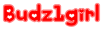 The image displays the word Budz1girl written in a stylized red font with hearts inside the letters.