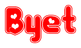 The image is a clipart featuring the word Byet written in a stylized font with a heart shape replacing inserted into the center of each letter. The color scheme of the text and hearts is red with a light outline.