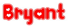 The image is a red and white graphic with the word Bryant written in a decorative script. Each letter in  is contained within its own outlined bubble-like shape. Inside each letter, there is a white heart symbol.