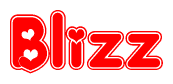 The image is a clipart featuring the word Blizz written in a stylized font with a heart shape replacing inserted into the center of each letter. The color scheme of the text and hearts is red with a light outline.