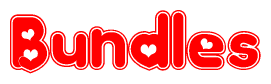 The image is a red and white graphic with the word Bundles written in a decorative script. Each letter in  is contained within its own outlined bubble-like shape. Inside each letter, there is a white heart symbol.