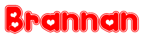 The image is a red and white graphic with the word Brannan written in a decorative script. Each letter in  is contained within its own outlined bubble-like shape. Inside each letter, there is a white heart symbol.