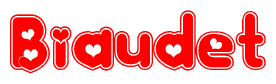 The image is a red and white graphic with the word Biaudet written in a decorative script. Each letter in  is contained within its own outlined bubble-like shape. Inside each letter, there is a white heart symbol.