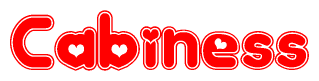 The image is a red and white graphic with the word Cabiness written in a decorative script. Each letter in  is contained within its own outlined bubble-like shape. Inside each letter, there is a white heart symbol.