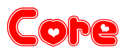 The image is a clipart featuring the word Core written in a stylized font with a heart shape replacing inserted into the center of each letter. The color scheme of the text and hearts is red with a light outline.