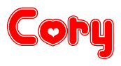 The image is a red and white graphic with the word Cory written in a decorative script. Each letter in  is contained within its own outlined bubble-like shape. Inside each letter, there is a white heart symbol.