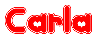 The image is a clipart featuring the word Carla written in a stylized font with a heart shape replacing inserted into the center of each letter. The color scheme of the text and hearts is red with a light outline.