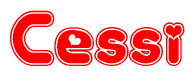 The image is a red and white graphic with the word Cessi written in a decorative script. Each letter in  is contained within its own outlined bubble-like shape. Inside each letter, there is a white heart symbol.