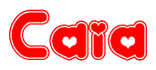 The image is a clipart featuring the word Caia written in a stylized font with a heart shape replacing inserted into the center of each letter. The color scheme of the text and hearts is red with a light outline.