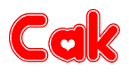The image is a red and white graphic with the word Cak written in a decorative script. Each letter in  is contained within its own outlined bubble-like shape. Inside each letter, there is a white heart symbol.