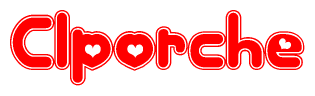 The image is a clipart featuring the word Clporche written in a stylized font with a heart shape replacing inserted into the center of each letter. The color scheme of the text and hearts is red with a light outline.