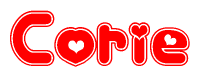 The image is a red and white graphic with the word Corie written in a decorative script. Each letter in  is contained within its own outlined bubble-like shape. Inside each letter, there is a white heart symbol.