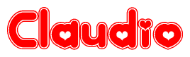 The image is a red and white graphic with the word Claudio written in a decorative script. Each letter in  is contained within its own outlined bubble-like shape. Inside each letter, there is a white heart symbol.