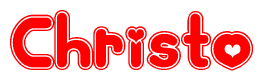 The image is a red and white graphic with the word Christo written in a decorative script. Each letter in  is contained within its own outlined bubble-like shape. Inside each letter, there is a white heart symbol.
