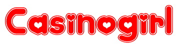 The image is a clipart featuring the word Casinogirl written in a stylized font with a heart shape replacing inserted into the center of each letter. The color scheme of the text and hearts is red with a light outline.