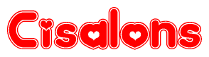 The image is a red and white graphic with the word Cisalons written in a decorative script. Each letter in  is contained within its own outlined bubble-like shape. Inside each letter, there is a white heart symbol.