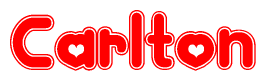 The image is a red and white graphic with the word Carlton written in a decorative script. Each letter in  is contained within its own outlined bubble-like shape. Inside each letter, there is a white heart symbol.
